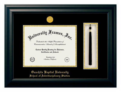 Ouachita Baptist University School of Interdisciplinary Studies Diploma with Tassel Box Frame in Satin Black with Black & Gold Mats for DOCUMENT: 8 1/2"H X 11"W  