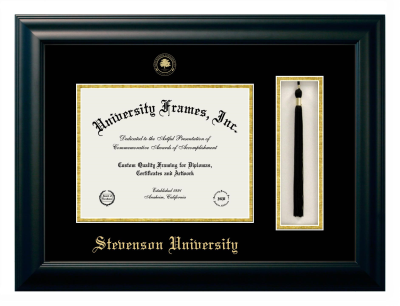 Stevenson University Diploma with Tassel Box Frame in Satin Black with Black & Gold Mats for document: 8 1/2"h x 11"w  