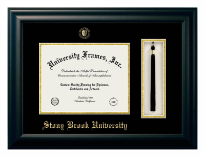 Stony Brook University Diploma with Tassel Box Frame in Satin Black with Black & Gold Mats for DOCUMENT: 8 1/2"H X 11"W  