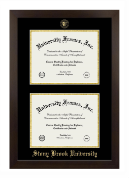 Stony Brook University Double Degree (Stacked) Frame in Manhattan Espresso with Black & Gold Mats for DOCUMENT: 8 1/2"H X 11"W  , DOCUMENT: 8 1/2"H X 11"W  