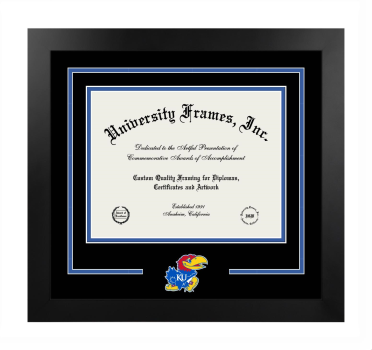 University of Kansas School of Journalism Logo Mat Frame in Manhattan Black with Black & Royal Blue Mats for document: 8 1/2"h x 11"w  