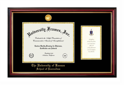 University of Kansas School of Journalism Diploma with Announcement Frame in Petite Mahogany with Gold Trim with Black & Gold Mats for document: 8 1/2"h x 11"w  , diploma: 7"h x 4"w  