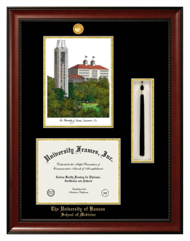 University of Kansas School of Medicine Double Opening with Campus Image & Tassel Box (Stacked) Frame in Avalon Mahogany with Black & Gold Mats for document: 8 1/2"h x 11"w  