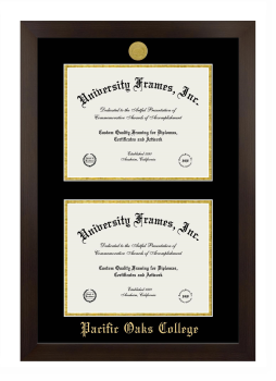 Pacific Oaks College Double Degree (Stacked) Frame in Manhattan Espresso with Black & Gold Mats for document: 8 1/2"h x 11"w  , document: 8 1/2"h x 11"w  