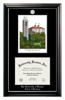 University of Kansas School of Pharmacy Double Opening with Campus Image (Stacked) Frame in Classic Ebony with Silver Trim with Black & Silver Mats for document: 8 1/2"h x 11"w  