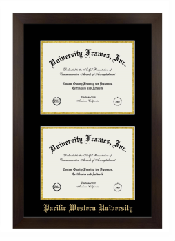 Pacific Western University Double Degree (Stacked) Frame in Manhattan Espresso with Black & Gold Mats for document: 8 1/2"h x 11"w  , document: 8 1/2"h x 11"w  