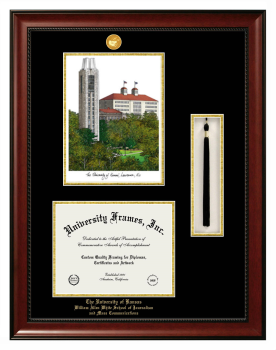 University of Kansas William Allen White School of Journalism and Mass Communications Double Opening with Campus Image & Tassel Box (Stacked) Frame in Avalon Mahogany with Black & Gold Mats for document: 8 1/2"h x 11"w  