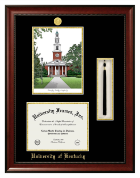 University of Kentucky Double Opening with Campus Image & Tassel Box (Stacked) Frame in Avalon Mahogany with Black & Gold Mats for DOCUMENT: 8 1/2"H X 11"W  