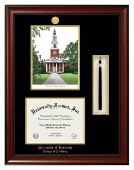 University of Kentucky College of Dentistry Double Opening with Campus Image & Tassel Box (Stacked) Frame in Avalon Mahogany with Black & Gold Mats for document: 8 1/2"h x 11"w  