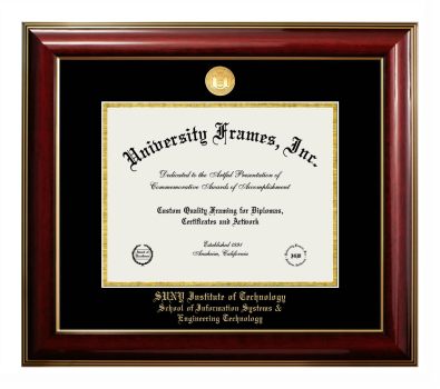 SUNY Institute of Technology School of Information Systems & Engineering Technology Diploma Frame in Classic Mahogany with Gold Trim with Black & Gold Mats for DOCUMENT: 8 1/2"H X 11"W  