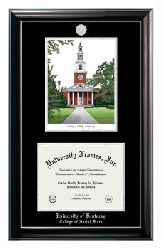 University of Kentucky College of Social Work Double Opening with Campus Image (Stacked) Frame in Classic Ebony with Silver Trim with Black & Silver Mats for document: 8 1/2"h x 11"w  