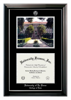 University of La Verne College of Law Double Opening with Campus Image (Stacked) Frame in Classic Ebony with Silver Trim with Black & Silver Mats for document: 8 1/2"h x 11"w  