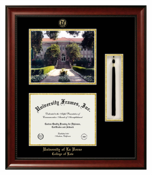 University of La Verne College of Law Double Opening with Campus Image & Tassel Box (Stacked) Frame in Avalon Mahogany with Black & Gold Mats for document: 8 1/2"h x 11"w  
