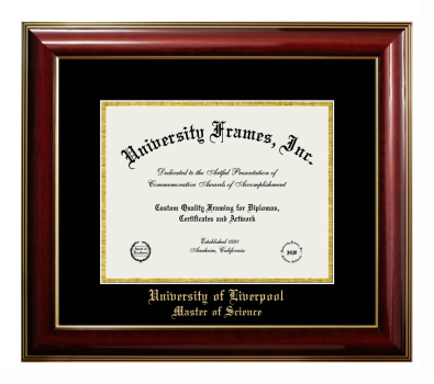 University of Liverpool Master of Science Diploma Frame in Classic Mahogany with Gold Trim with Black & Gold Mats for document: 8 1/2"h x 11"w  