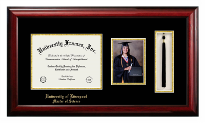 University of Liverpool Master of Science Diploma with 5 x 7 Portrait & Tassel Box Frame in Classic Mahogany with Black & Gold Mats for document: 8 1/2"h x 11"w  