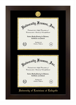 University of Louisiana at Lafayette Double Diploma Frame in Manhattan Espresso with Black & Gold Mats for DOCUMENT: 8 1/2"H X 11"W  , DOCUMENT: 8 1/2"H X 11"W  