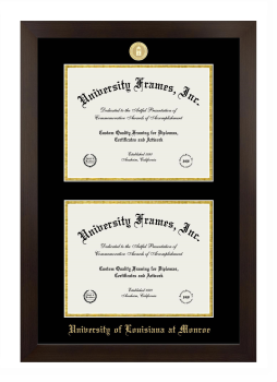 University of Louisiana at Monroe Double Degree (Stacked) Frame in Manhattan Espresso with Black & Gold Mats for document: 8 1/2"h x 11"w  , document: 8 1/2"h x 11"w  