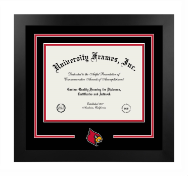 University of Louisville Logo Mat Frame in Manhattan Black with Black & Red Mats for DOCUMENT: 8 1/2"H X 11"W  