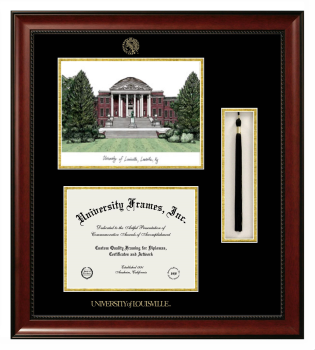 University of Louisville Double Opening with Campus Image & Tassel Box (Stacked) Frame in Avalon Mahogany with Black & Gold Mats for DOCUMENT: 8 1/2"H X 11"W  