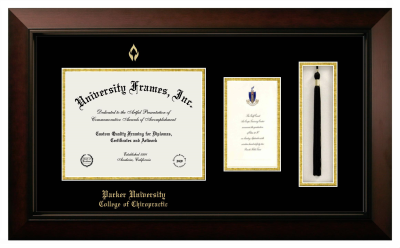 Parker University College of Chiropractic Diploma with Announcement & Tassel Box Frame in Legacy Black Cherry with Black & Gold Mats for document: 8 1/2"h x 11"w  , diploma: 7"h x 4"w  