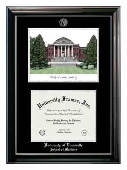 University of Louisville School of Medicine Double Opening with Campus Image (Stacked) Frame in Classic Ebony with Silver Trim with Black & Silver Mats for document: 8 1/2"h x 11"w  