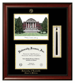 University of Louisville School of Medicine Double Opening with Campus Image & Tassel Box (Stacked) Frame in Avalon Mahogany with Black & Gold Mats for document: 8 1/2"h x 11"w  