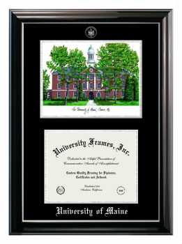 University of Maine (at Orono) Double Opening with Campus Image (Stacked) Frame in Classic Ebony with Silver Trim with Black & Silver Mats for  8 1/2"h x 11"w  