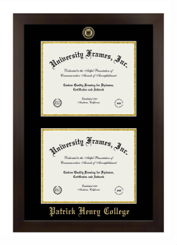 Patrick Henry College Double Degree (Stacked) Frame in Manhattan Espresso with Black & Gold Mats for document: 8 1/2"h x 11"w  , document: 8 1/2"h x 11"w  