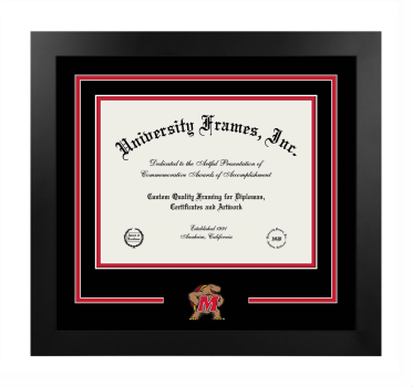 University of Maryland Logo Mat Frame in Manhattan Black with Black & Red Mats for DOCUMENT: 8 1/2"H X 11"W  