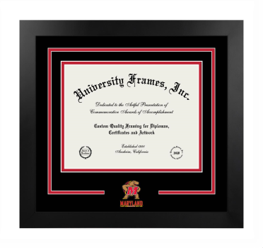 University of Maryland Logo Mat Frame in Manhattan Black with Black & Red Mats for DOCUMENT: 8 1/2"H X 11"W  