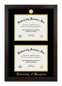 University of Maryland Double Degree (Stacked) Frame in Manhattan Espresso with Black & Gold Mats for DOCUMENT: 8 1/2"H X 11"W  , DOCUMENT: 8 1/2"H X 11"W  
