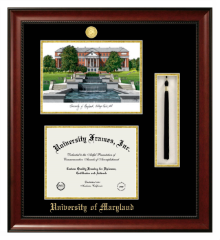 University of Maryland Double Opening with Campus Image & Tassel Box (Stacked) Frame in Avalon Mahogany with Black & Gold Mats for DOCUMENT: 8 1/2"H X 11"W  