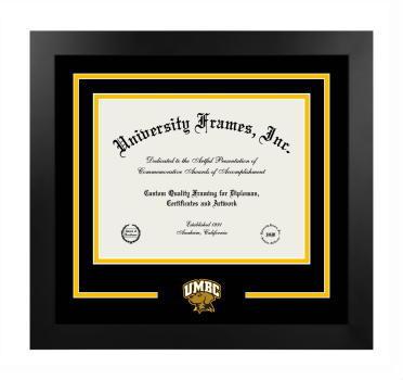 University of Maryland Baltimore County Logo Mat Frame in Manhattan Black with Black & Amber Mats for DOCUMENT: 8 1/2"H X 11"W  