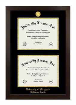 University of Maryland Baltimore County Double Degree (Stacked) Frame in Manhattan Espresso with Black & Gold Mats for DOCUMENT: 8 1/2"H X 11"W  , DOCUMENT: 8 1/2"H X 11"W  