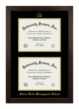 Swiss Hotel Management School Double Degree (Stacked) Frame in Manhattan Espresso with Black & Gold Mats for document: 8 1/2"h x 11"w  , document: 8 1/2"h x 11"w  