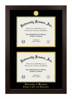 University of Maryland College of Arts and Humanities Double Degree (Stacked) Frame in Manhattan Espresso with Black & Gold Mats for document: 8 1/2"h x 11"w  , document: 8 1/2"h x 11"w  