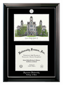 Syracuse University College of Law Double Opening with Campus Image (Stacked) Frame in Classic Ebony with Silver Trim with Black & Silver Mats for document: 8 1/2"h x 11"w  