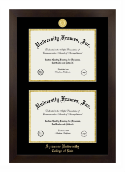 Syracuse University College of Law Double Degree (Stacked) Frame in Manhattan Espresso with Black & Gold Mats for document: 8 1/2"h x 11"w  , document: 8 1/2"h x 11"w  