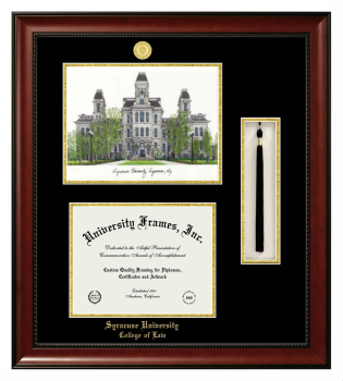 Syracuse University College of Law Double Opening with Campus Image & Tassel Box (Stacked) Frame in Avalon Mahogany with Black & Gold Mats for document: 8 1/2"h x 11"w  