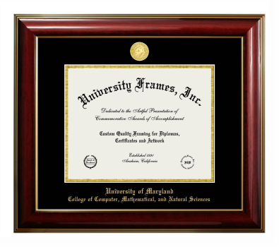University of Maryland College of Computer, Mathematical, and Natural Sciences Diploma Frame in Classic Mahogany with Gold Trim with Black & Gold Mats for DOCUMENT: 8 1/2"H X 11"W  