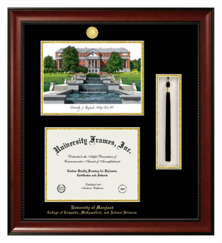 Double Opening with Campus Image & Tassel Box (Stacked) Frame in Avalon Mahogany with Black & Gold Mats for DOCUMENT: 8 1/2"H X 11"W  