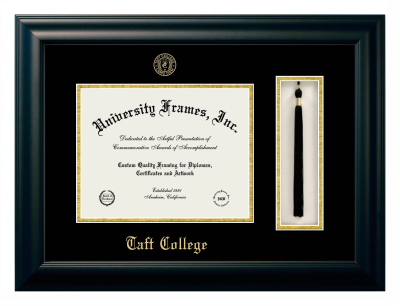 Taft College Diploma with Tassel Box Frame in Satin Black with Black & Gold Mats for document: 8 1/2"h x 11"w  