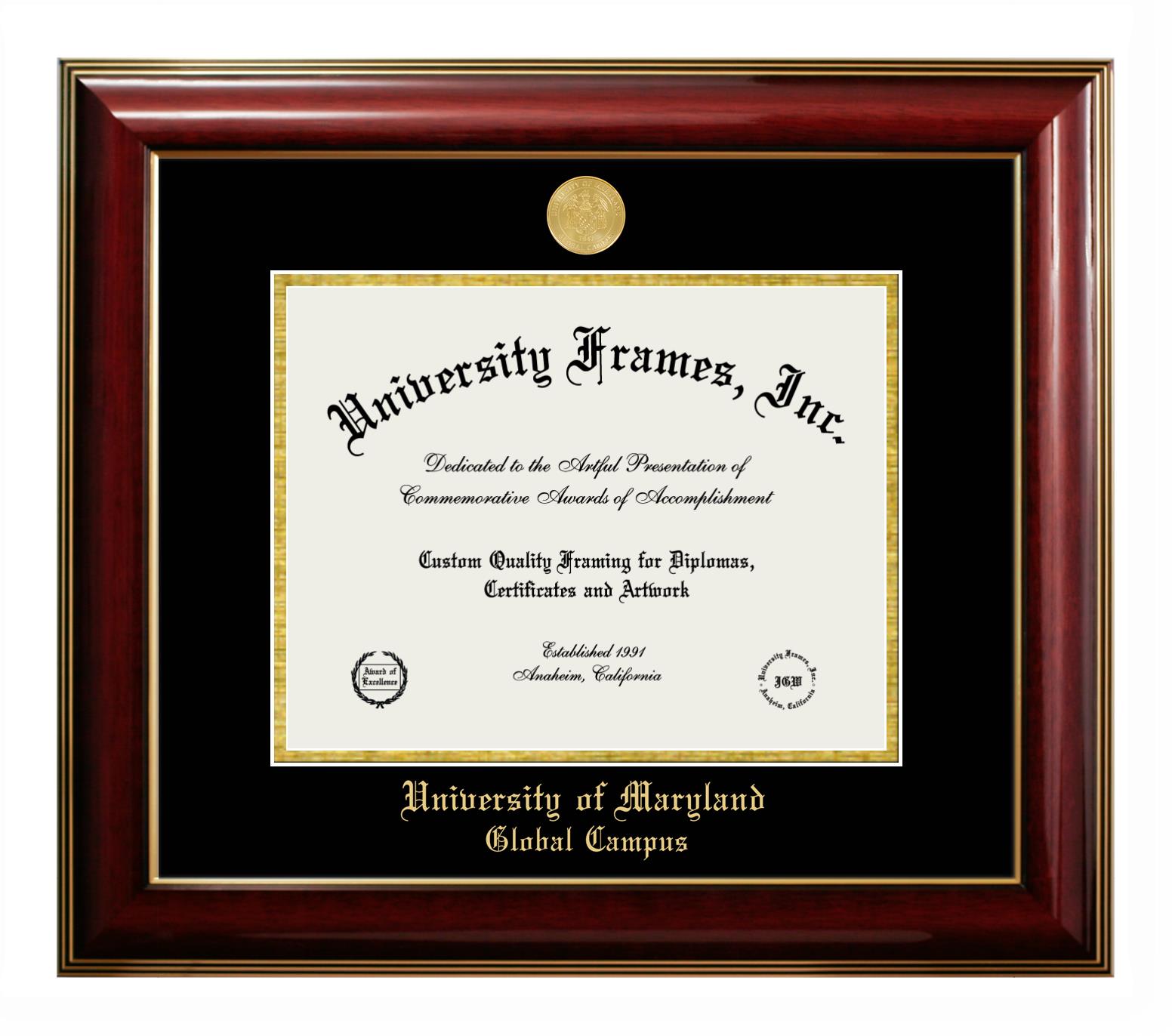 University of Maryland Global Campus Diploma Frame in Classic Mahogany with Gold Trim with Black Mat for document: 8 1/2"h x 11"w  