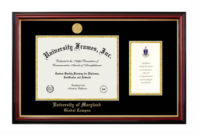 University of Maryland Global Campus Diploma with Announcement Frame in Petite Mahogany with Gold Trim with Black & Gold Mats for DOCUMENT: 8 1/2"H X 11"W  ,  7"H X 4"W  
