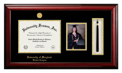 University of Maryland Global Campus Diploma with 5 x 7 Portrait & Tassel Box Frame in Classic Mahogany with Black & Gold Mats for DOCUMENT: 8 1/2"H X 11"W  