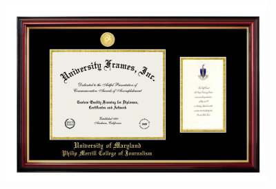 University of Maryland Philip Merrill College of Journalism Diploma with Announcement Frame in Petite Mahogany with Gold Trim with Black & Gold Mats for document: 8 1/2"h x 11"w  , diploma: 7"h x 4"w  