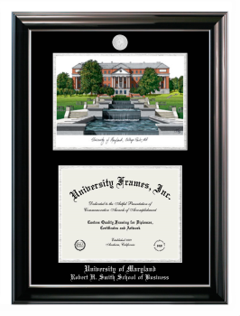 University of Maryland Robert H. Smith School of Business Double Opening with Campus Image (Stacked) Frame in Classic Ebony with Silver Trim with Black & Silver Mats for document: 8 1/2"h x 11"w  