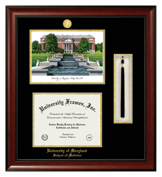 University of Maryland School of Medicine Double Opening with Campus Image & Tassel Box (Stacked) Frame in Avalon Mahogany with Black & Gold Mats for document: 8 1/2"h x 11"w  