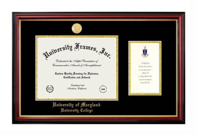 University of Maryland University College Diploma with Announcement Frame in Petite Mahogany with Gold Trim with Black & Gold Mats for DOCUMENT: 8 1/2"H X 11"W  ,  7"H X 4"W  