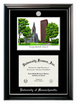 University of Massachusetts Double Opening with Campus Image (Stacked) Frame in Classic Ebony with Silver Trim with Black & Silver Mats for  8 1/2"h x 11"w  